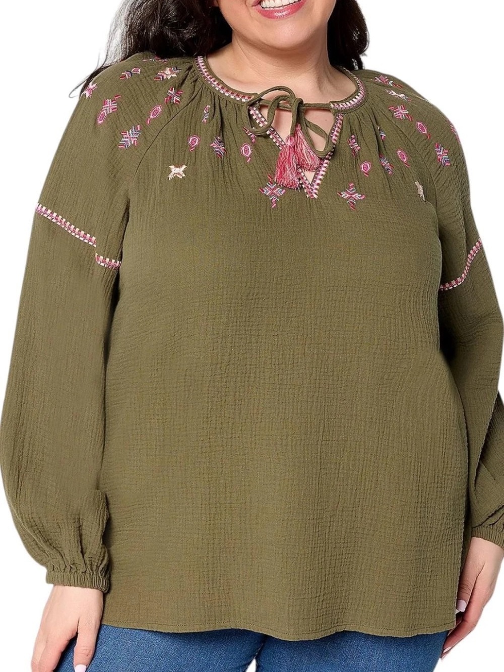 Belle by Kim Gravel Women's Sunset Cotton Tassel Top Olive Envy Size XXS